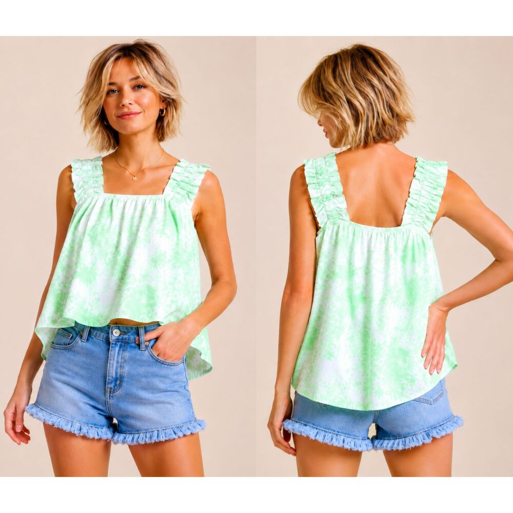 New UMGEE L (M 10 12) Green White Floral Ruffle Strap Poplin Swing Cropped Top